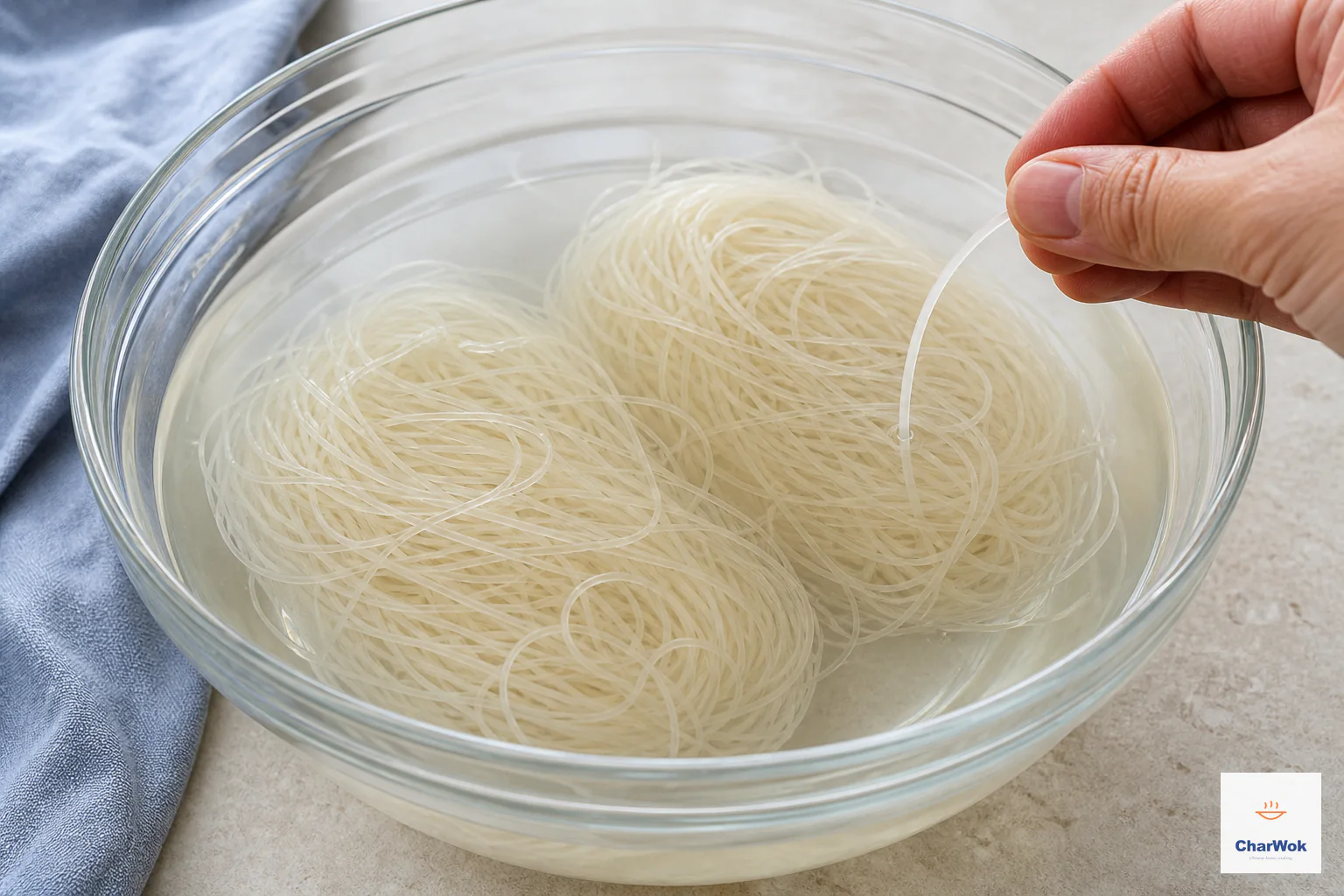 Two nests of thin rice noodles soak in just-boiled water while one softened strand bends without a chalky core