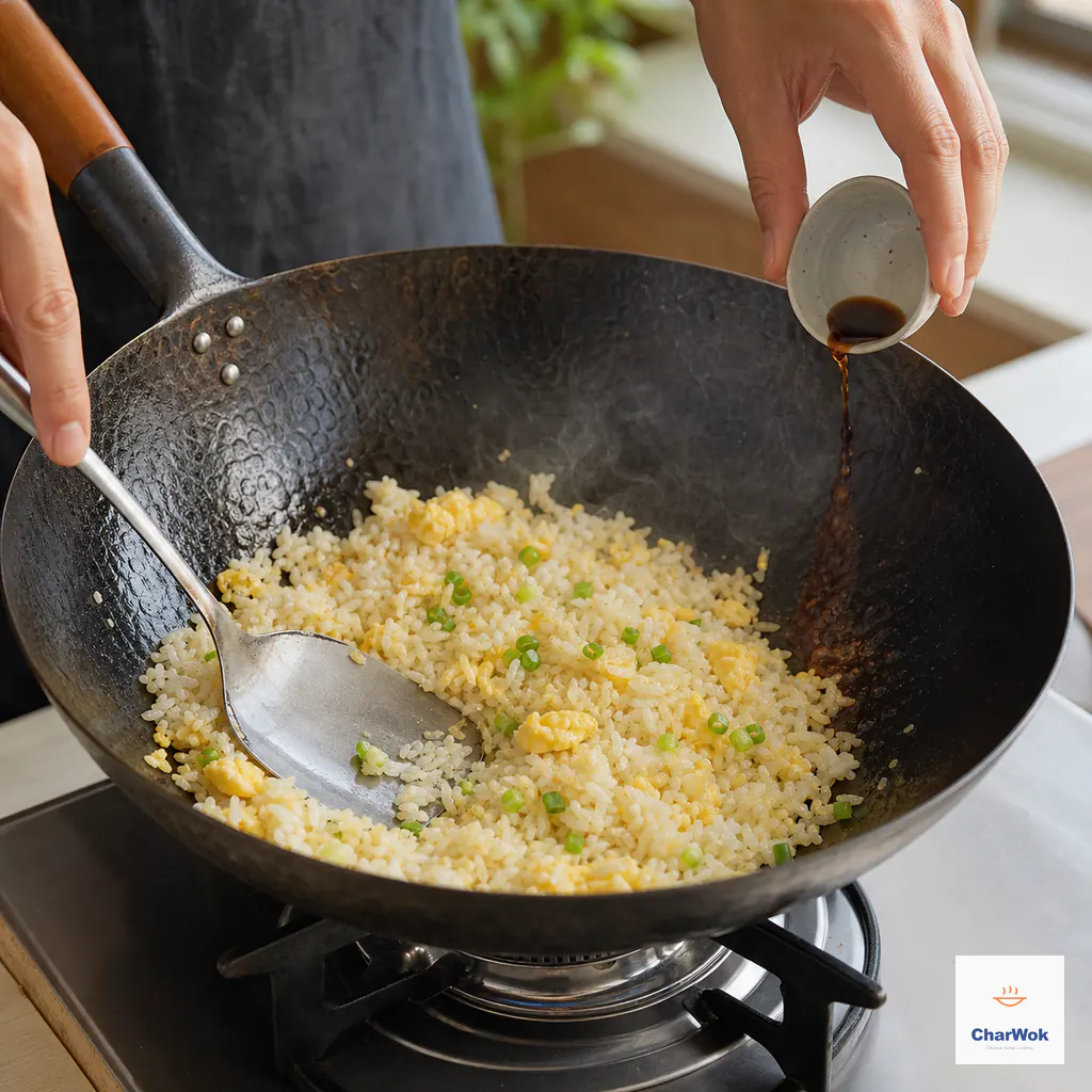 Light soy sauce is poured onto the hot wok wall beside pale fried rice, glossy egg curds, and scallion greens