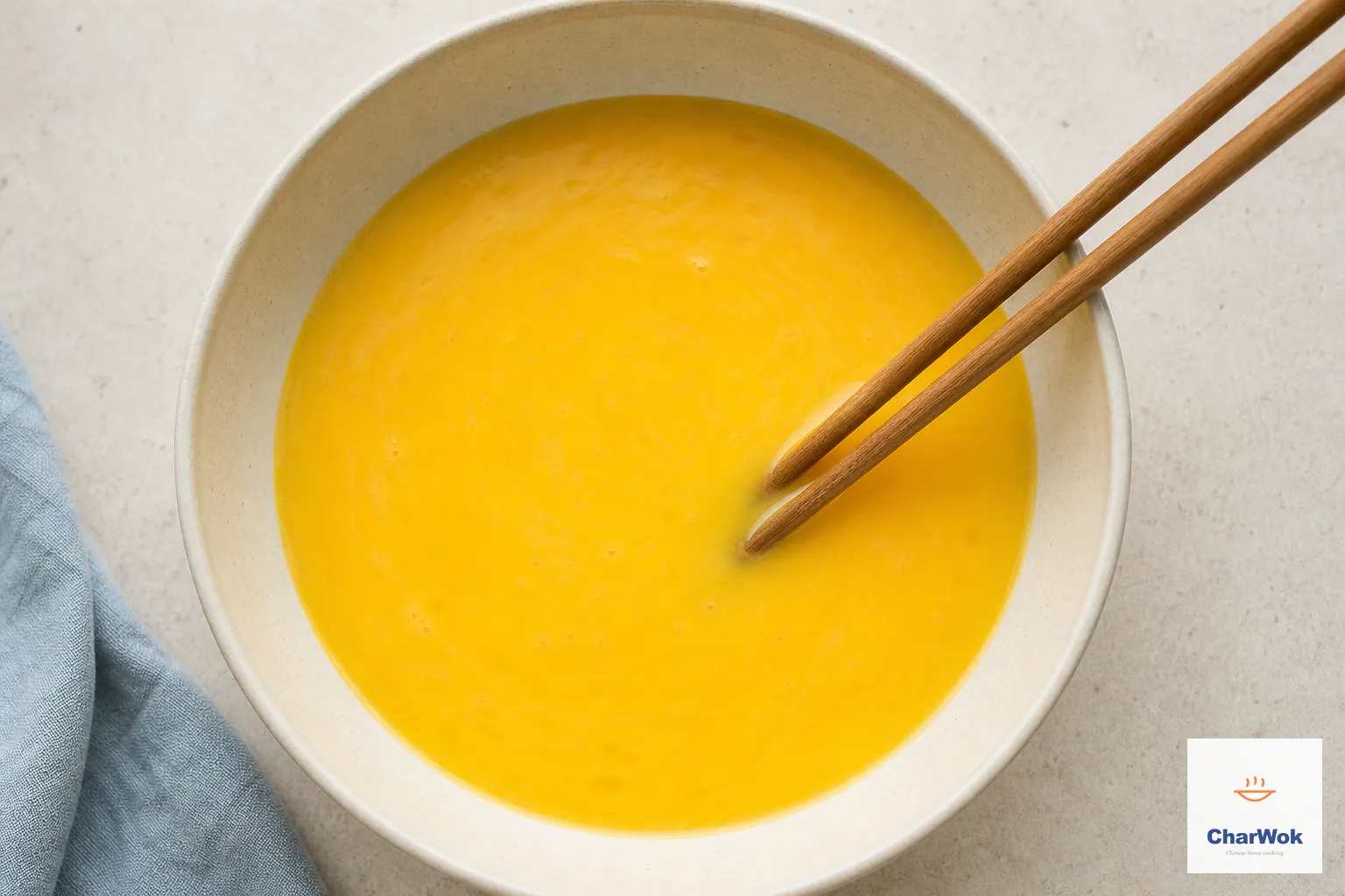 A smooth fluid yellow mixture of five eggs and water sits in a cream bowl with no airy foam or separate egg white