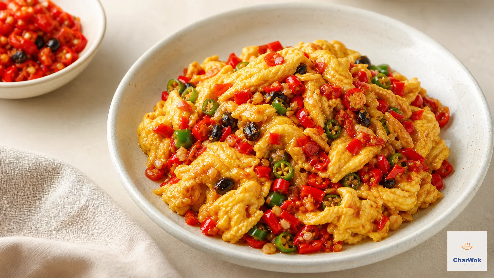 Glossy golden egg curds stir-fried with red pickled chilli, green chilli and fermented black beans