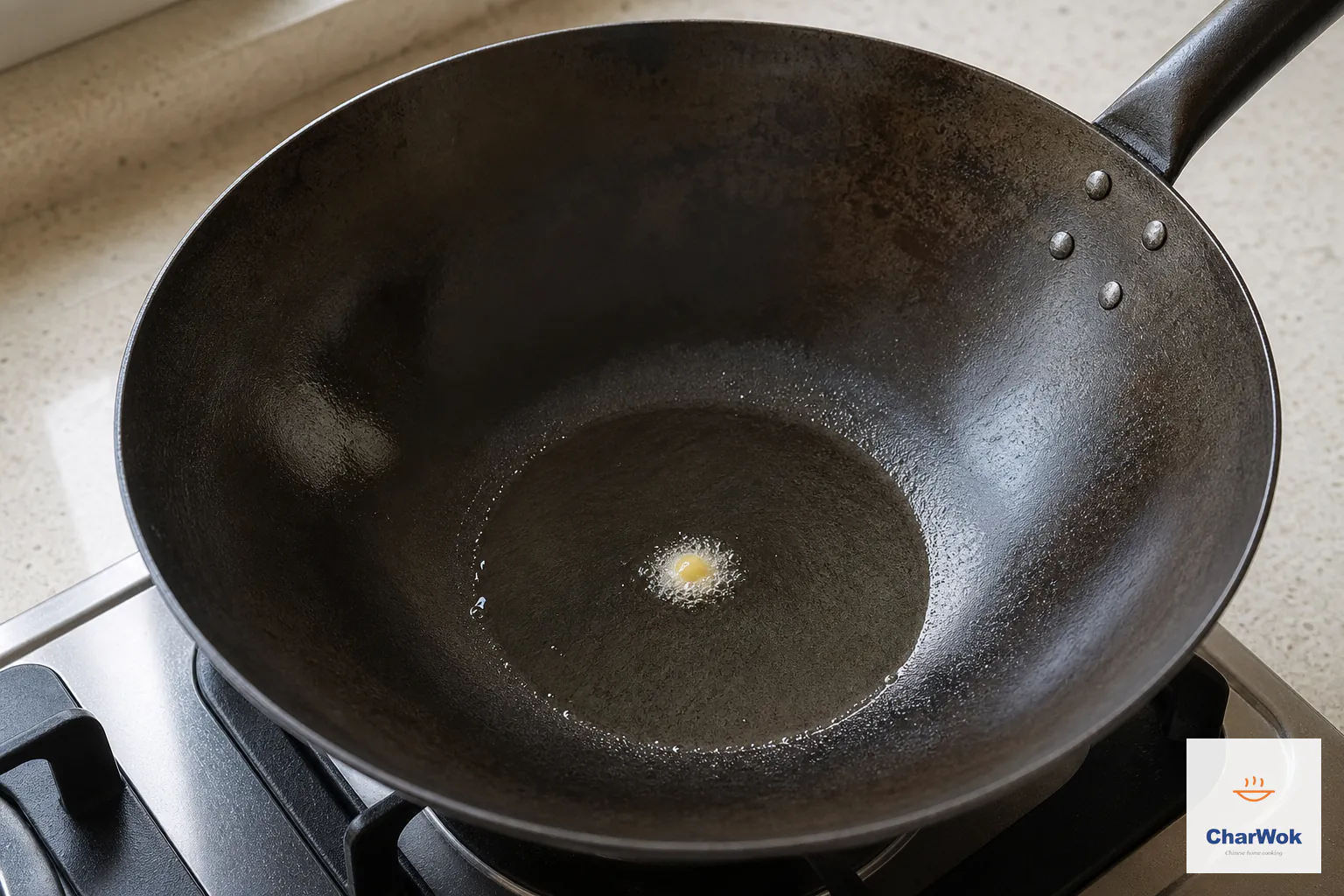 One tiny drop of beaten egg immediately puffs inside a ring of bubbles in shimmering neutral oil in a dark carbon-steel wok