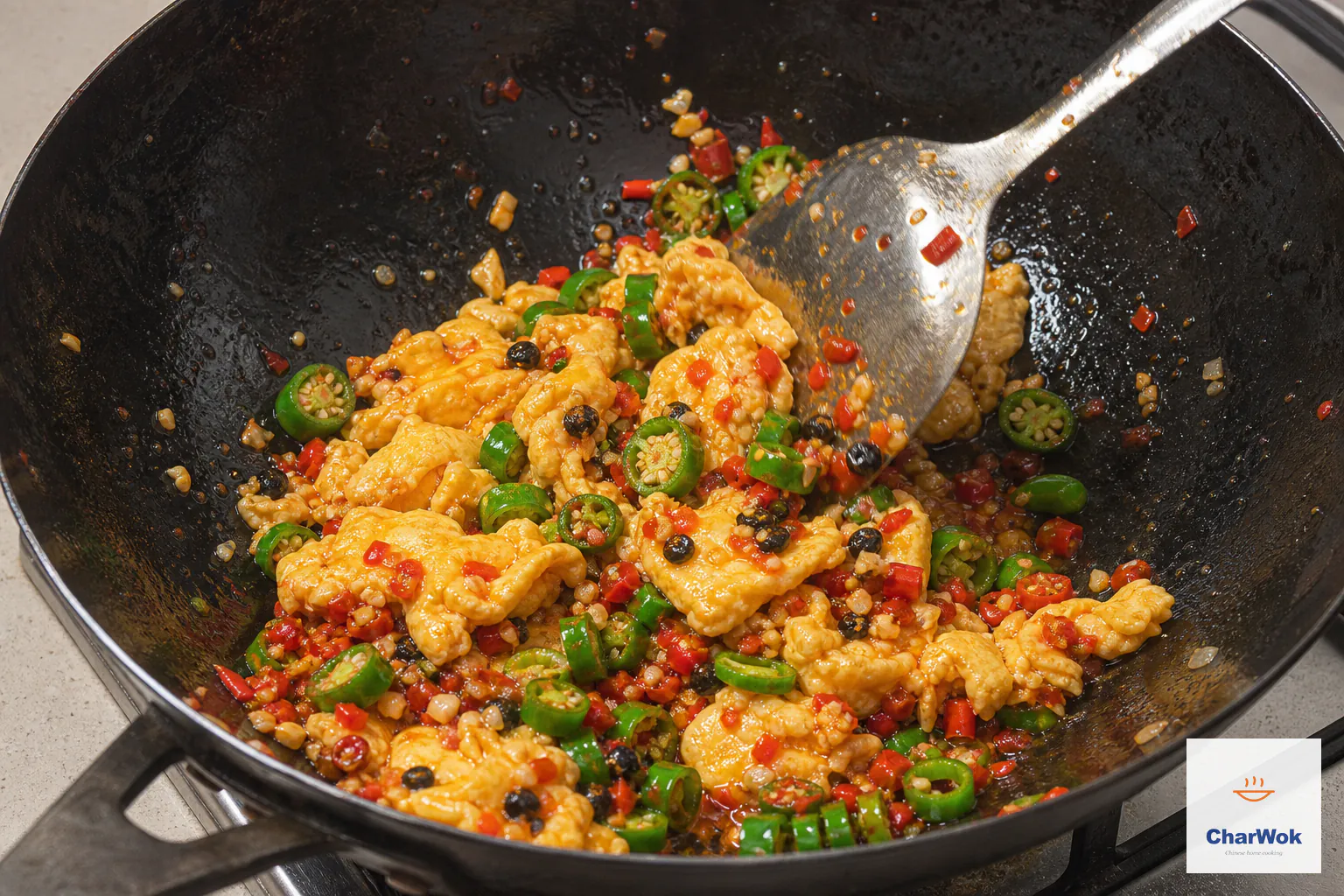 Large glossy golden egg curds are tossed in a dark wok with vivid green chilli rings, coarse red duo jiao, minced garlic and black beans