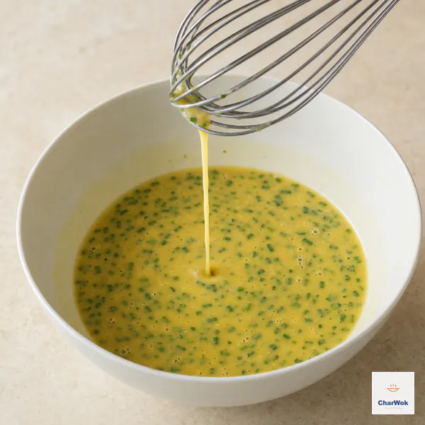 Thin yellow egg-and-scallion batter falls from a whisk in one narrow stream and disappears smoothly into the bowl