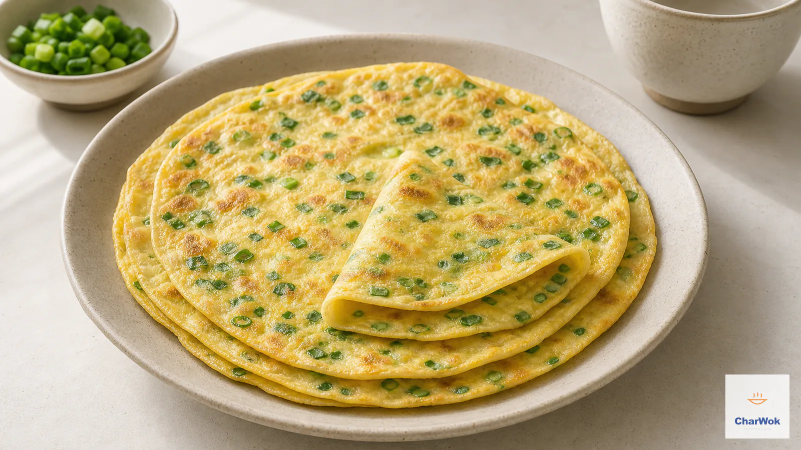 Stack of thin golden egg and scallion crepes