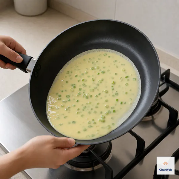 A non-stick pan is tilted immediately so pale egg-and-scallion batter flows into one thin even round