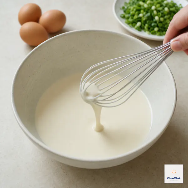 A whisk lifts smooth off-white flour-and-water slurry from a pale bowl while three eggs and chopped scallions still wait outside
