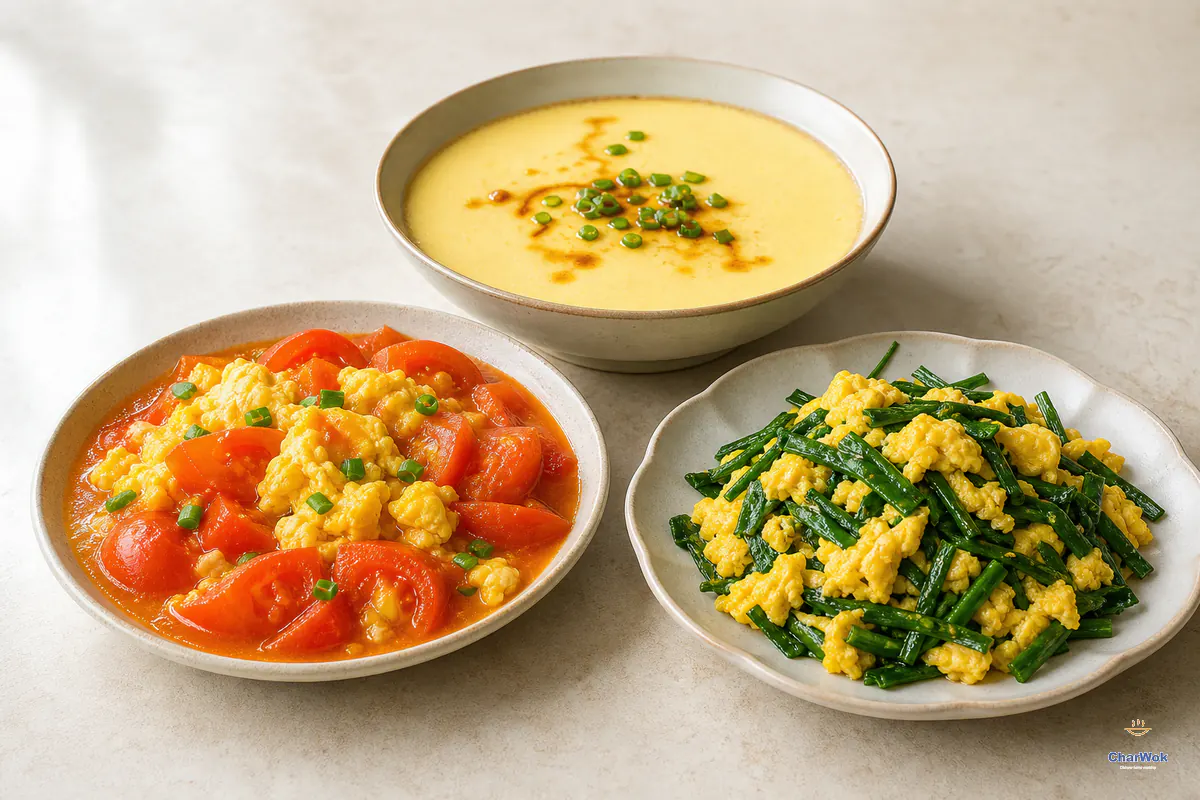 Tomato and egg stir-fry, steamed egg custard and Chinese chive scrambled eggs