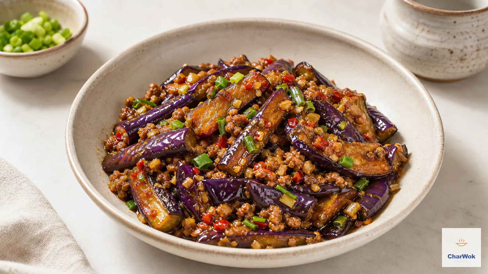 Glossy purple eggplant with ground pork and garlic sauce