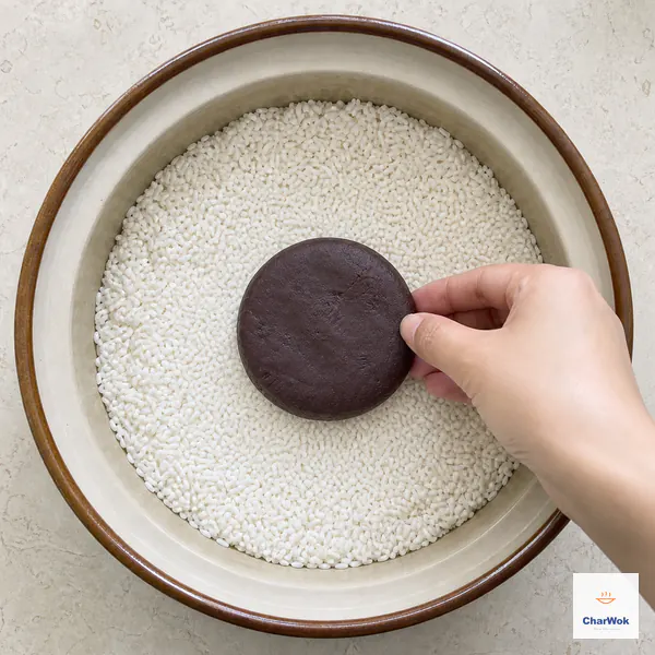 A modest flattened red bean paste disc is centered on soaked glutinous rice with a wide ring of rice separating it from the bowl wall