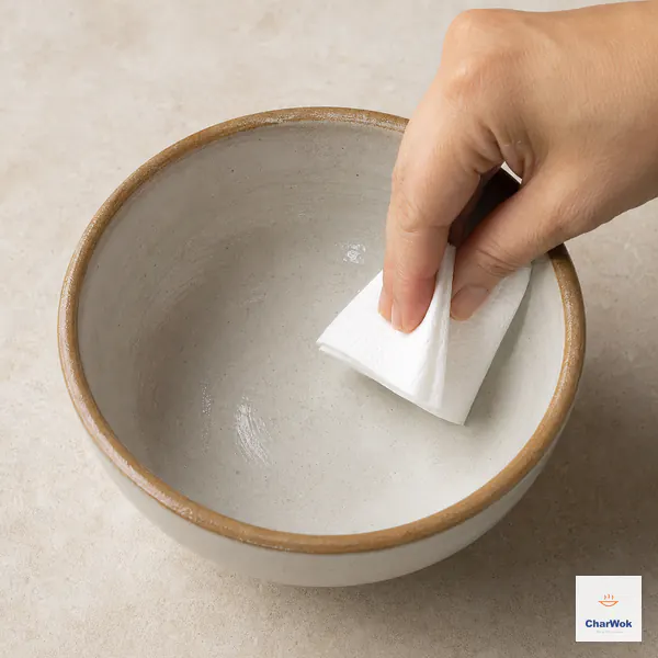 A folded paper towel coats the entire inside and rim of an empty deep ceramic bowl with a thin sheen of coconut oil