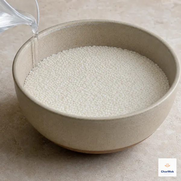 A thin stream of water runs down the inside bowl wall and stops exactly flush with the top of the soaked glutinous rice