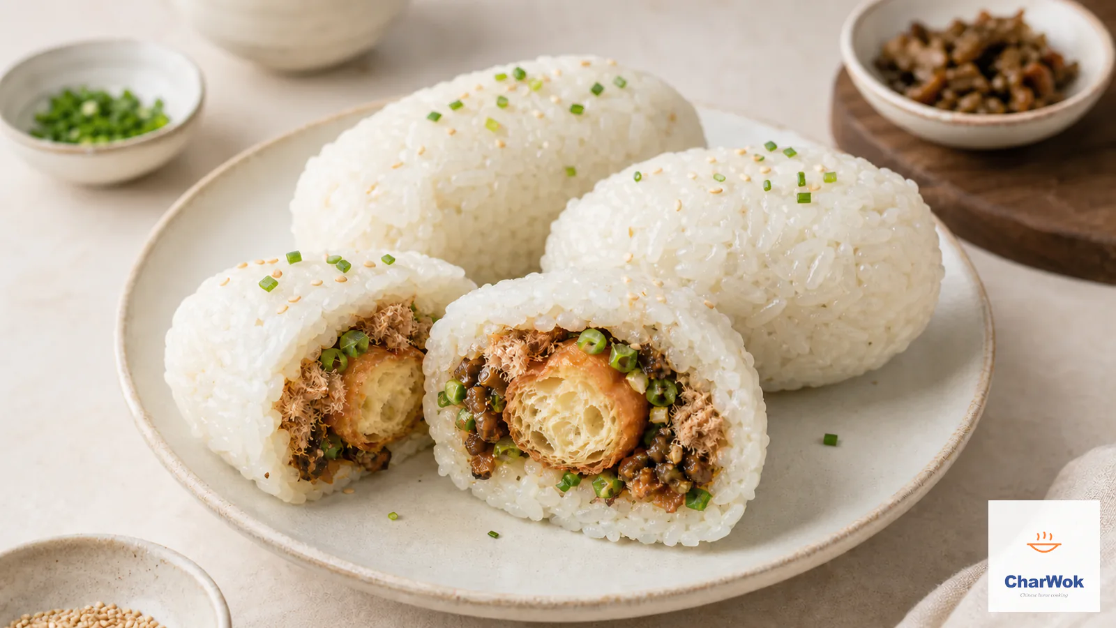 Fan tuan sticky rice rolls filled with crisp youtiao, pork floss and zha cai