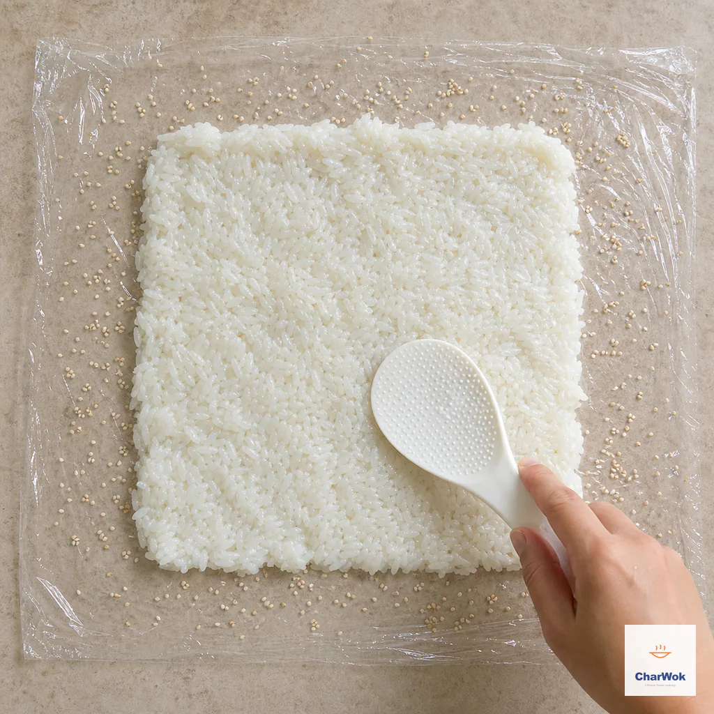 Hot sticky rice pressed into an even square on sesame-dusted plastic wrap with a wet rice paddle
