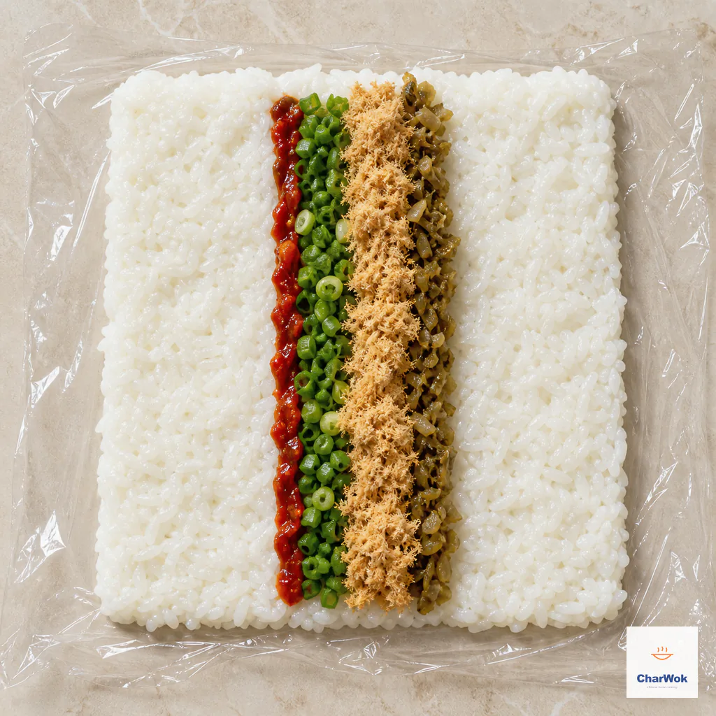 Chili garlic sauce, scallion, pork floss and chopped zha cai arranged in one narrow strip down the center of the rice