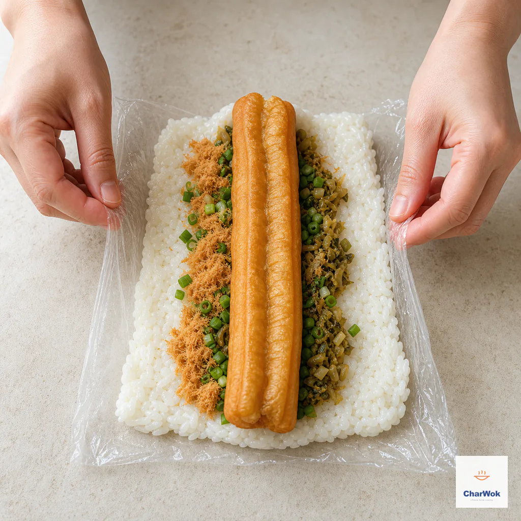 One whole youtiao centered over the fillings while both sides of the plastic wrap lift the sticky rice into a tight roll