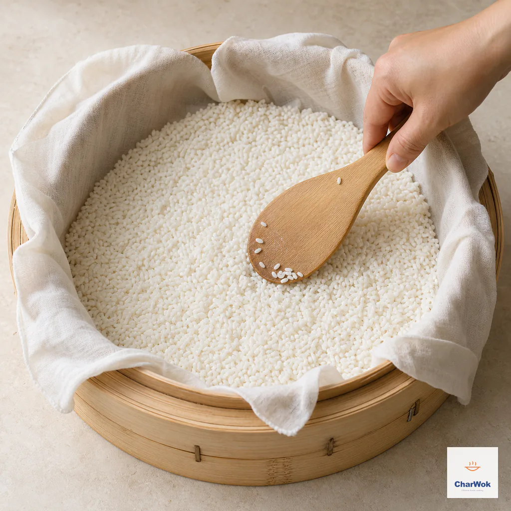 Soaked glutinous rice spread in a shallow even layer over damp muslin inside a bamboo steamer