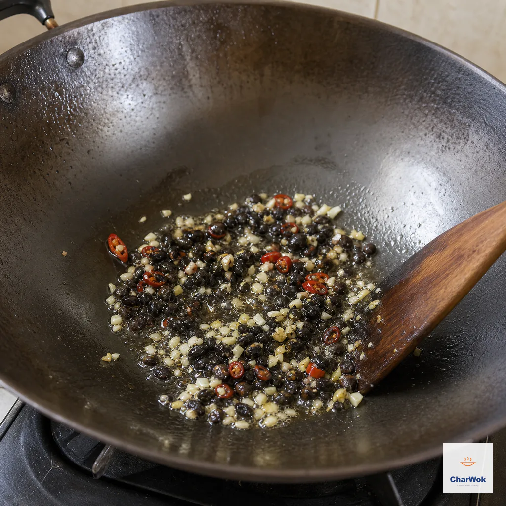 Coarsely crushed douchi, pale garlic, ginger and red chili warm in clear oil with only small lazy bubbles and no smoke