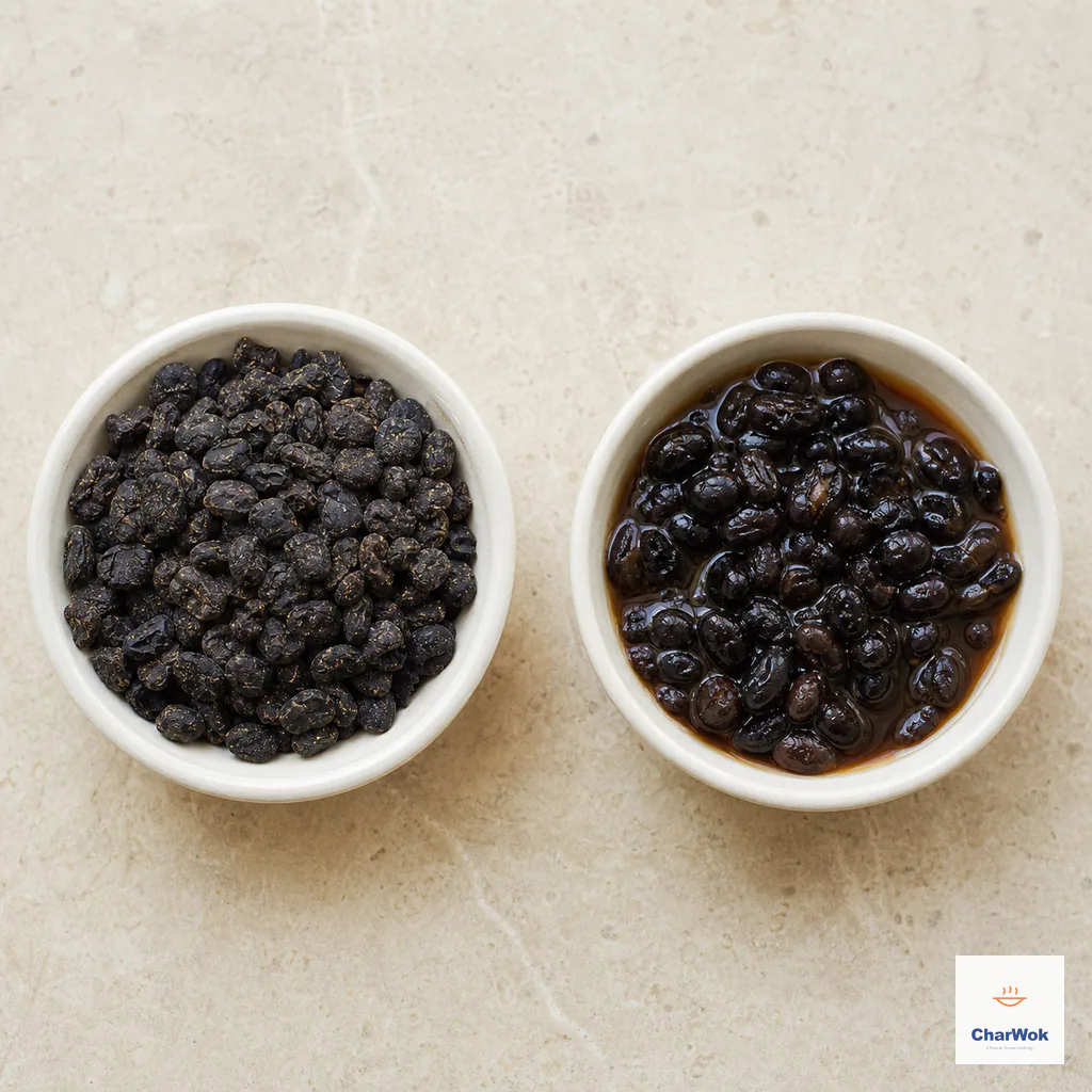 Matching bowls compare loose matte deeply wrinkled dry douchi with plumper fermented black beans sitting in brown brine