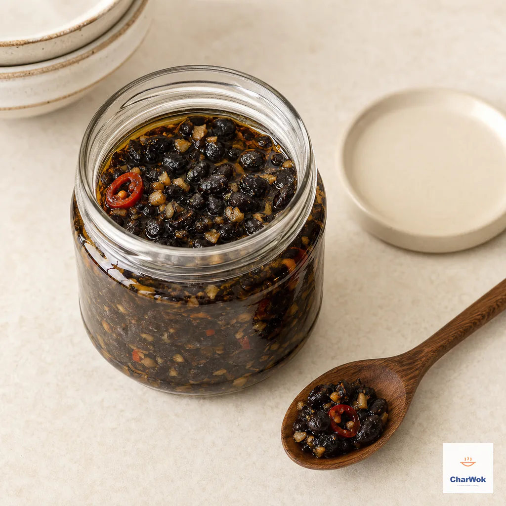 One clean glass jar holds completely cooled chunky fermented black bean sauce beneath clear amber oil beside a dry wooden spoonful