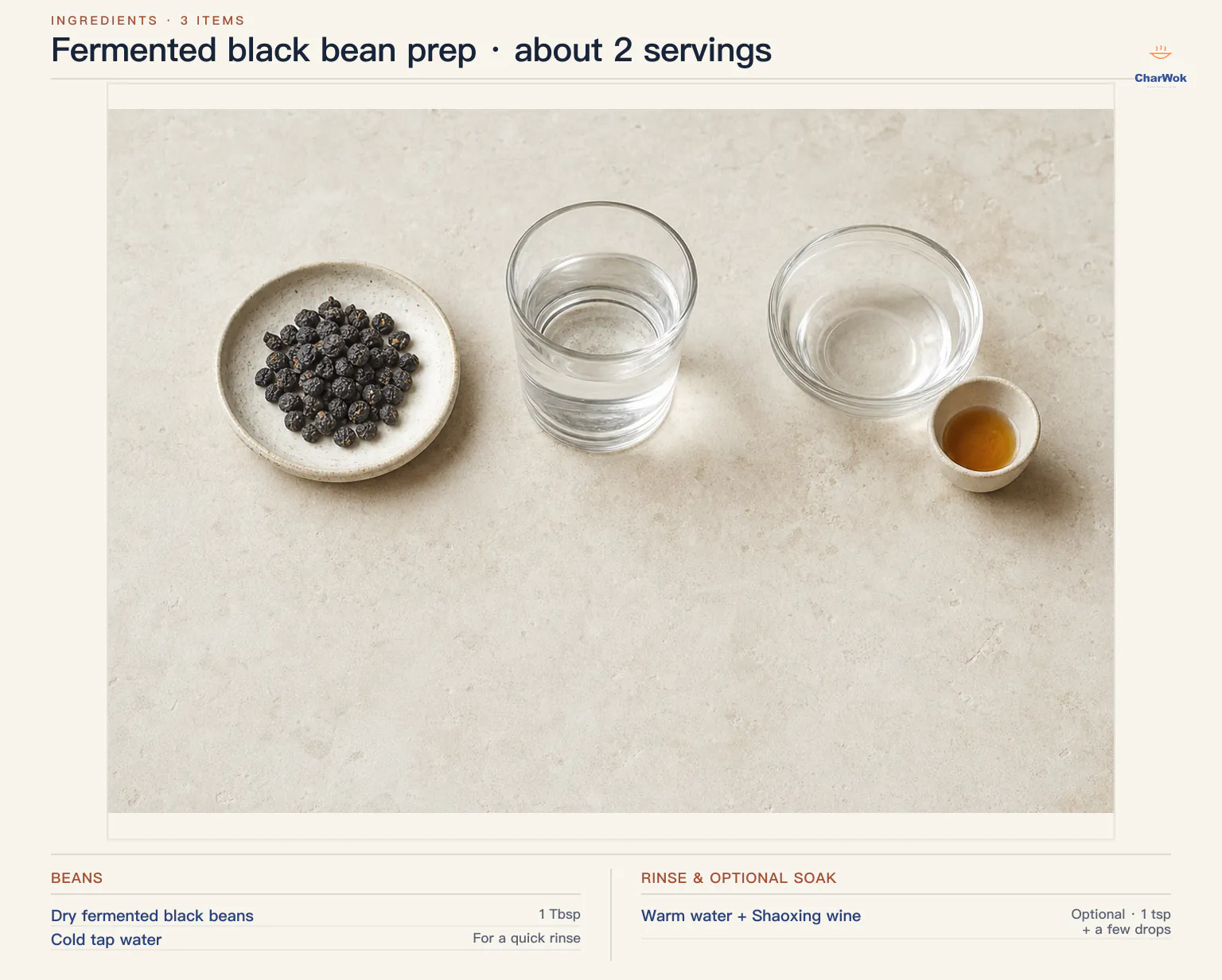 English fermented black bean prep essentials for about 2 servings: 1 tablespoon dry fermented black beans, cold tap water for a quick rinse, and an optional quick soak of 1 teaspoon warm water with a few drops of Shaoxing wine