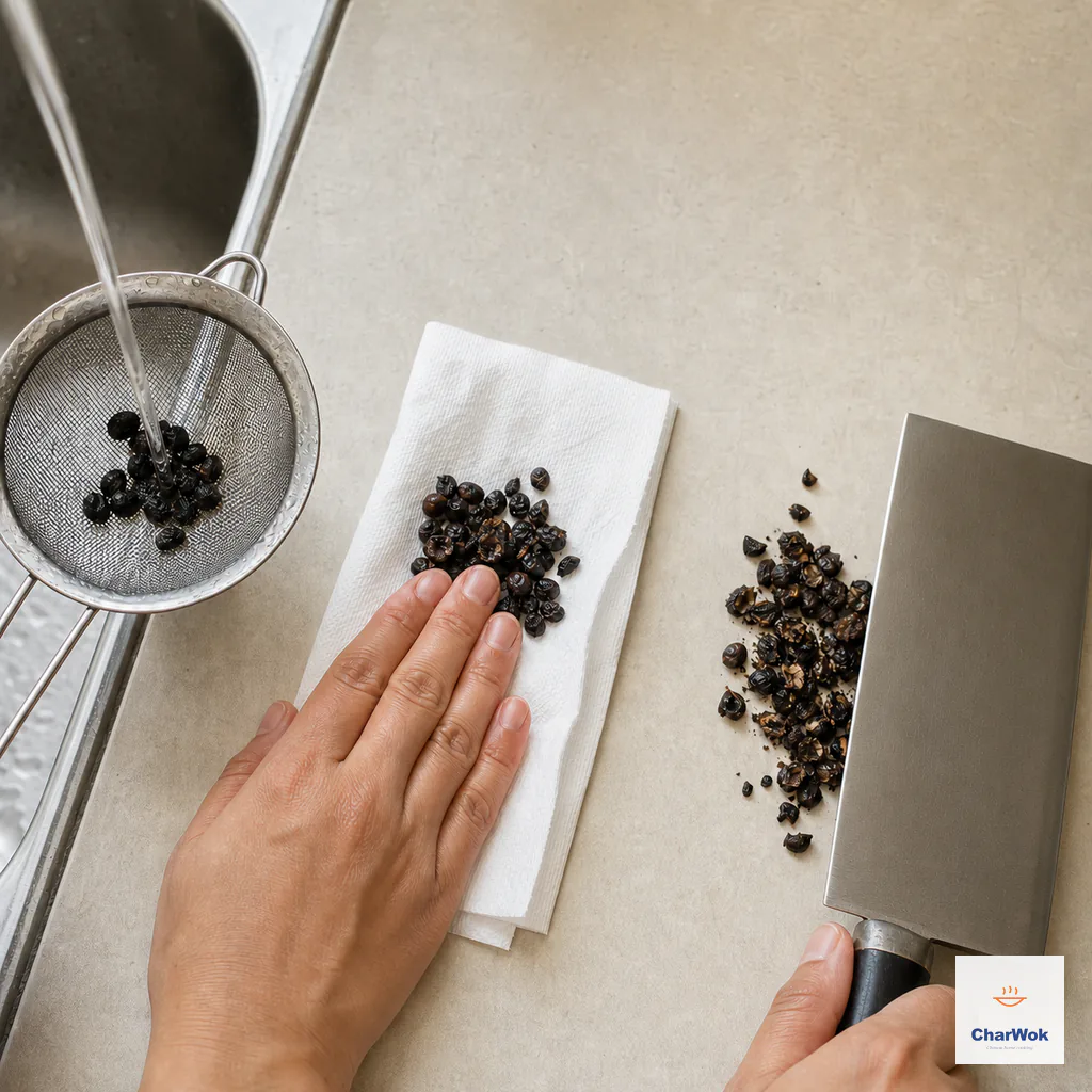 A small portion of douchi is rinsed briefly in a fine strainer, patted dry on paper towel and lightly crushed into coarse irregular pieces
