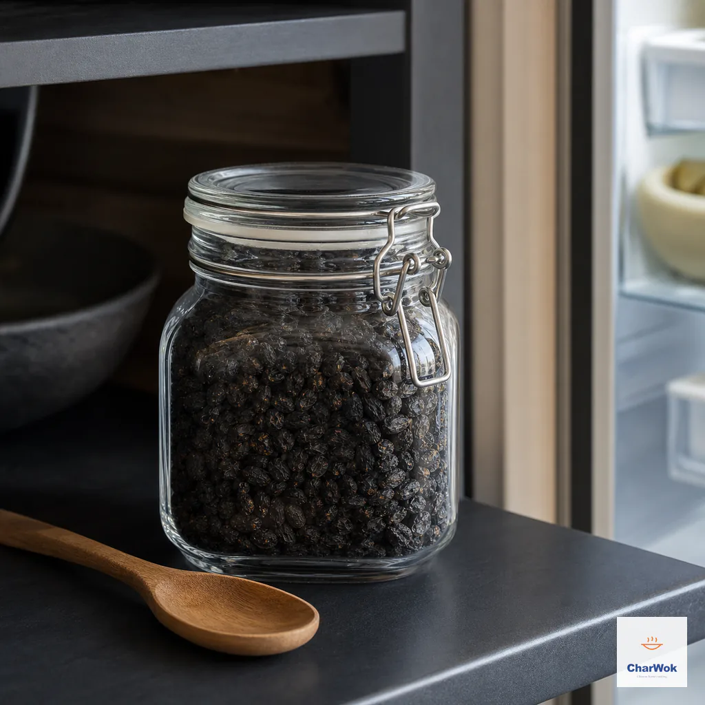 A completely dry airtight glass jar of wrinkled fermented black beans sits between a dark pantry shelf and an open refrigerator with a dry spoon outside