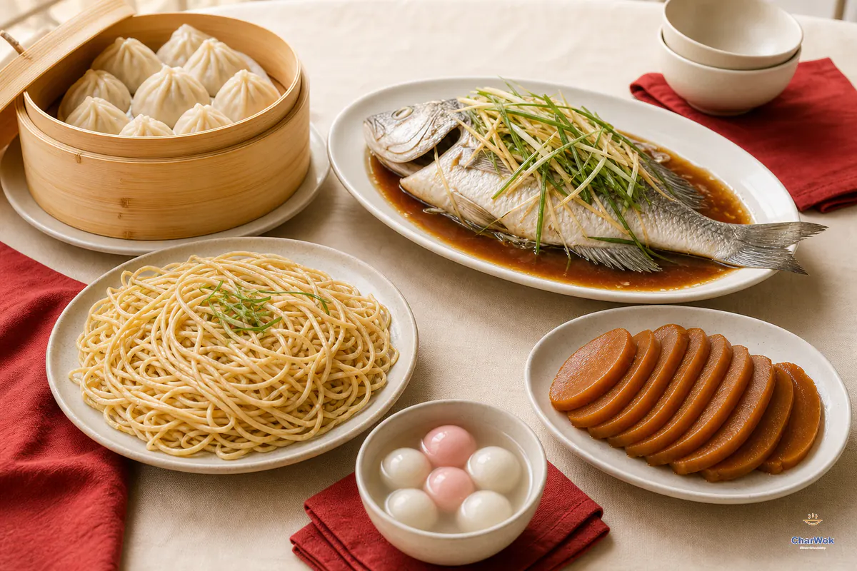 A Chinese festive spread with whole steamed fish, longevity noodles, dumplings, rice cake and tang yuan