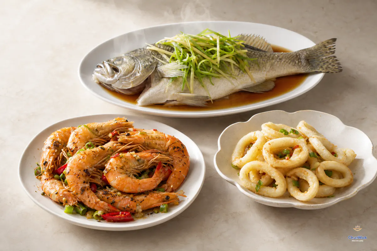 Chinese steamed whole fish, salt and pepper shrimp and lightly fried squid