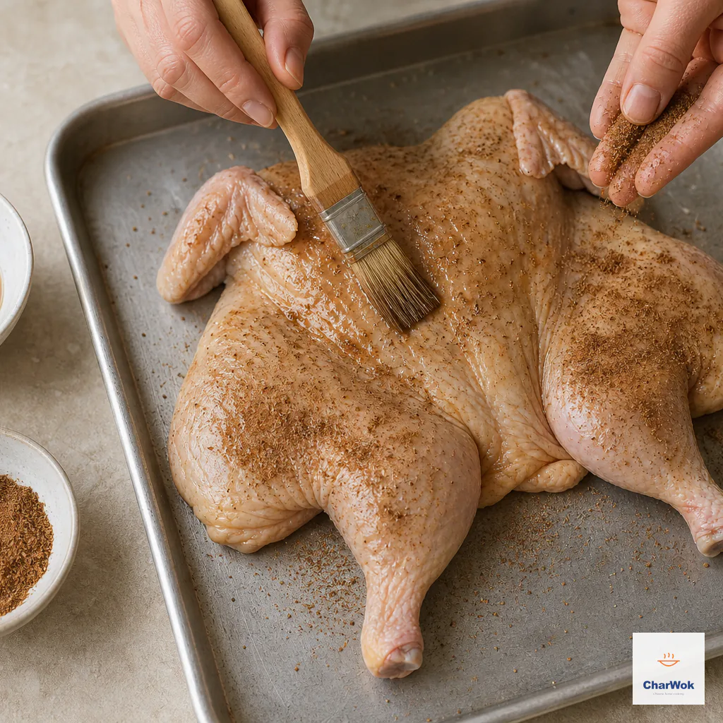 Dark soy and Shaoxing mixture brushed thinly over a raw spatchcocked chicken while the remaining five-spice dry rub is scattered over the skin