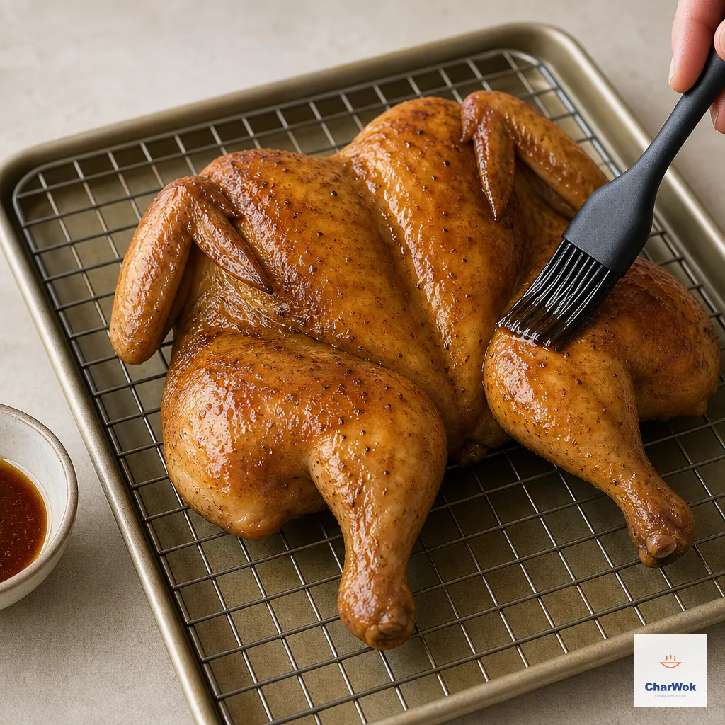 A thin honey and dark soy glaze being brushed evenly over the golden skin of a spatchcocked chicken on a wire rack