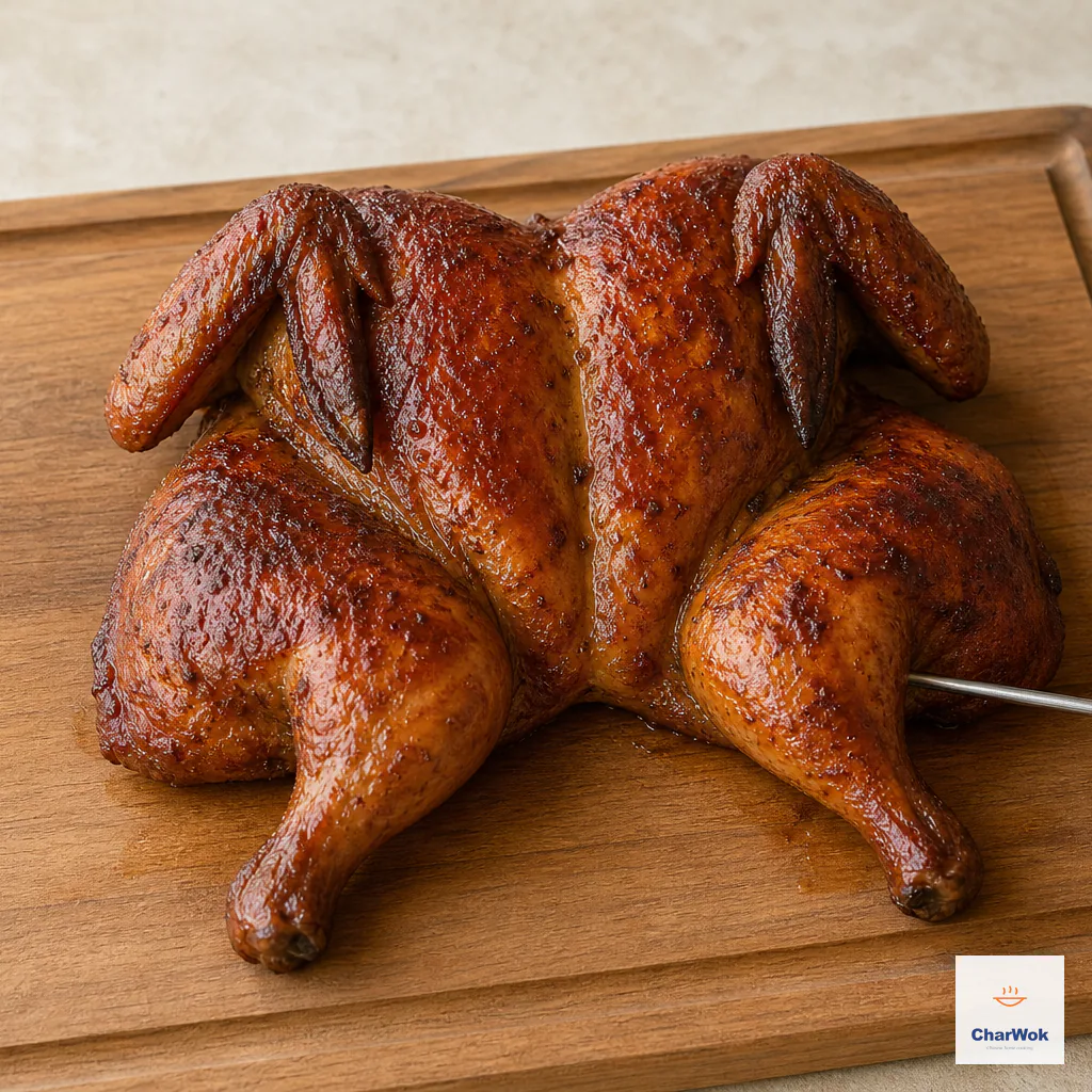 Thermometer probe entering the thickest part of a finished five-spice chicken thigh from the side without touching bone