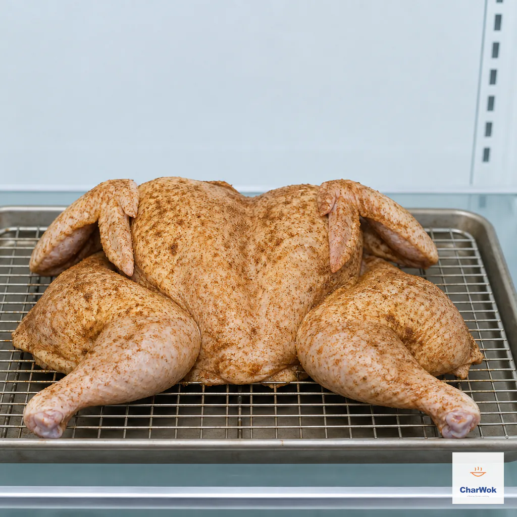 Seasoned raw spatchcocked chicken resting completely uncovered on a wire rack over a tray in the refrigerator