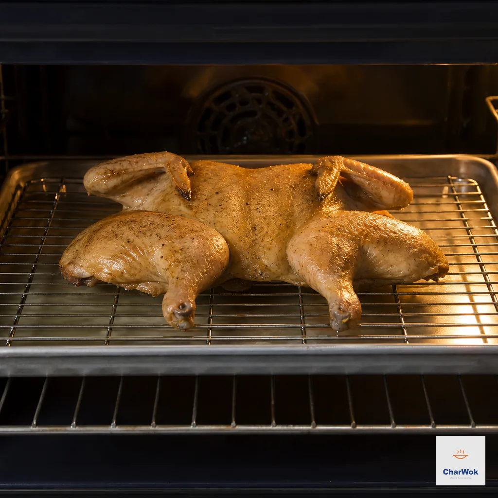 Spatchcocked chicken roasting skin side up on a wire rack with a shallow layer of water in the tray below