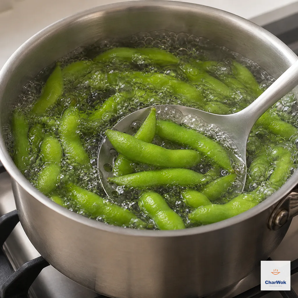 Bright green edamame pods at a rolling boil in salted water with a slotted spoon keeping them submerged