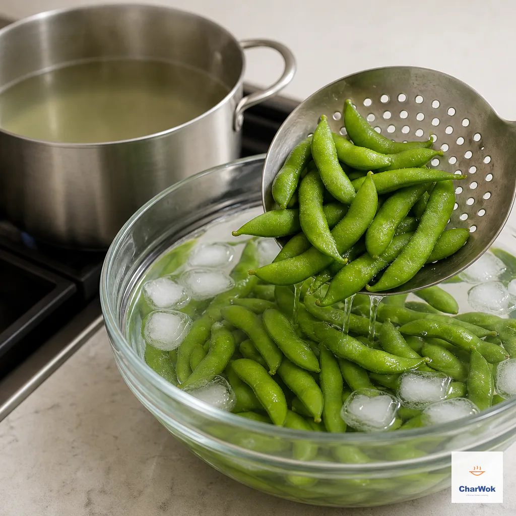 A slotted spoon transferring cooked edamame into ice water while the reserved cooking water remains in the saucepan