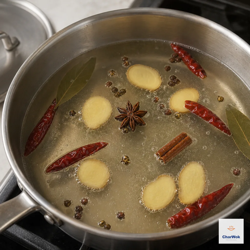 Ginger, star anise, cassia, Sichuan pepper, bay leaves and dried chilies gently simmering in clear pale-gold brine