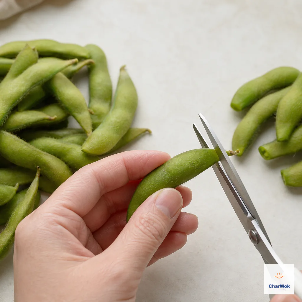 Kitchen scissors snipping only the tiny stem corner from an intact green edamame pod
