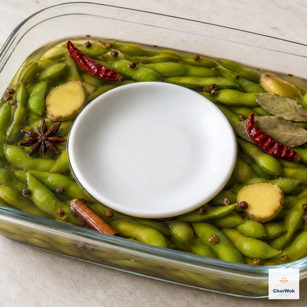 Bright green edamame fully submerged with whole spices in cooled brine under a small saucer weight