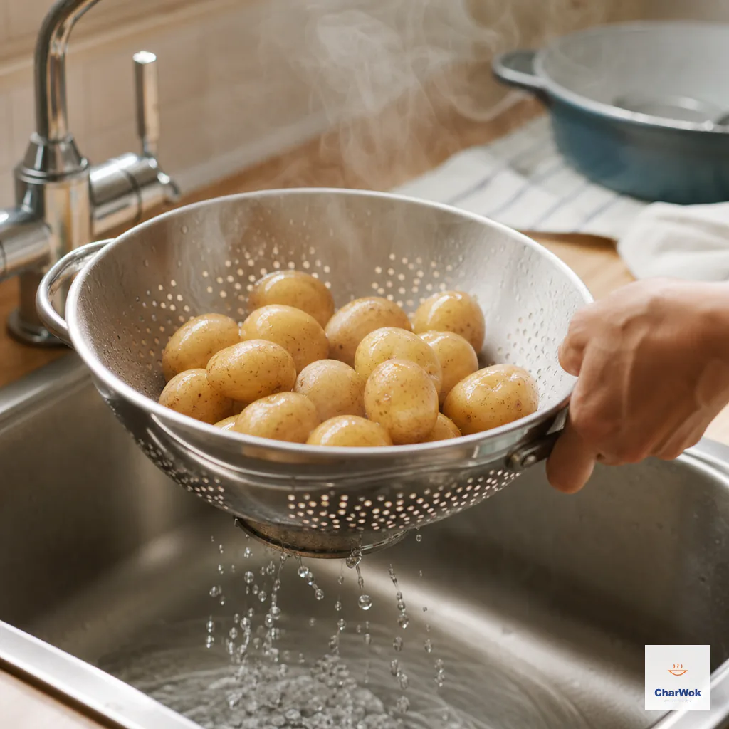 Hot intact baby potatoes steaming and shedding surface water in a metal colander