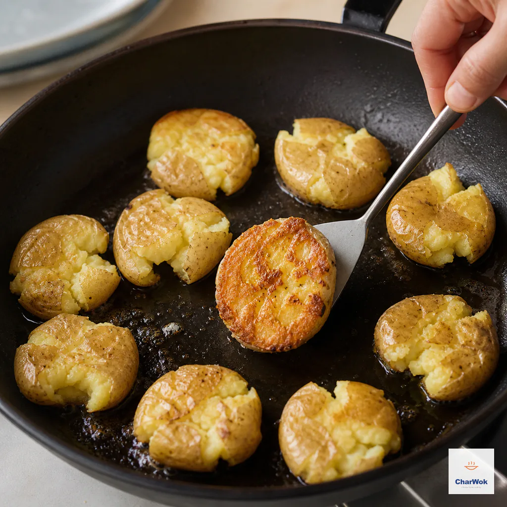 A spatula flipping an uncrowded smashed potato to reveal a deep amber crisp first side