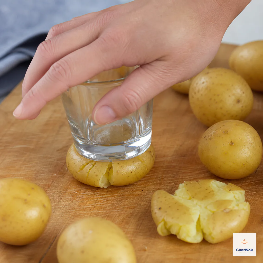 The flat base of a drinking glass pressing one cooked baby potato into a thick cracked disk