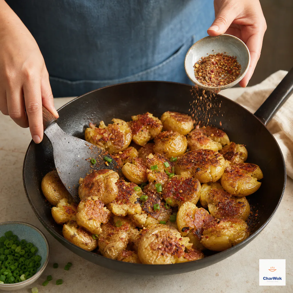 Chili flakes, five-spice powder and salt showered over fully browned smashed potatoes off the heat