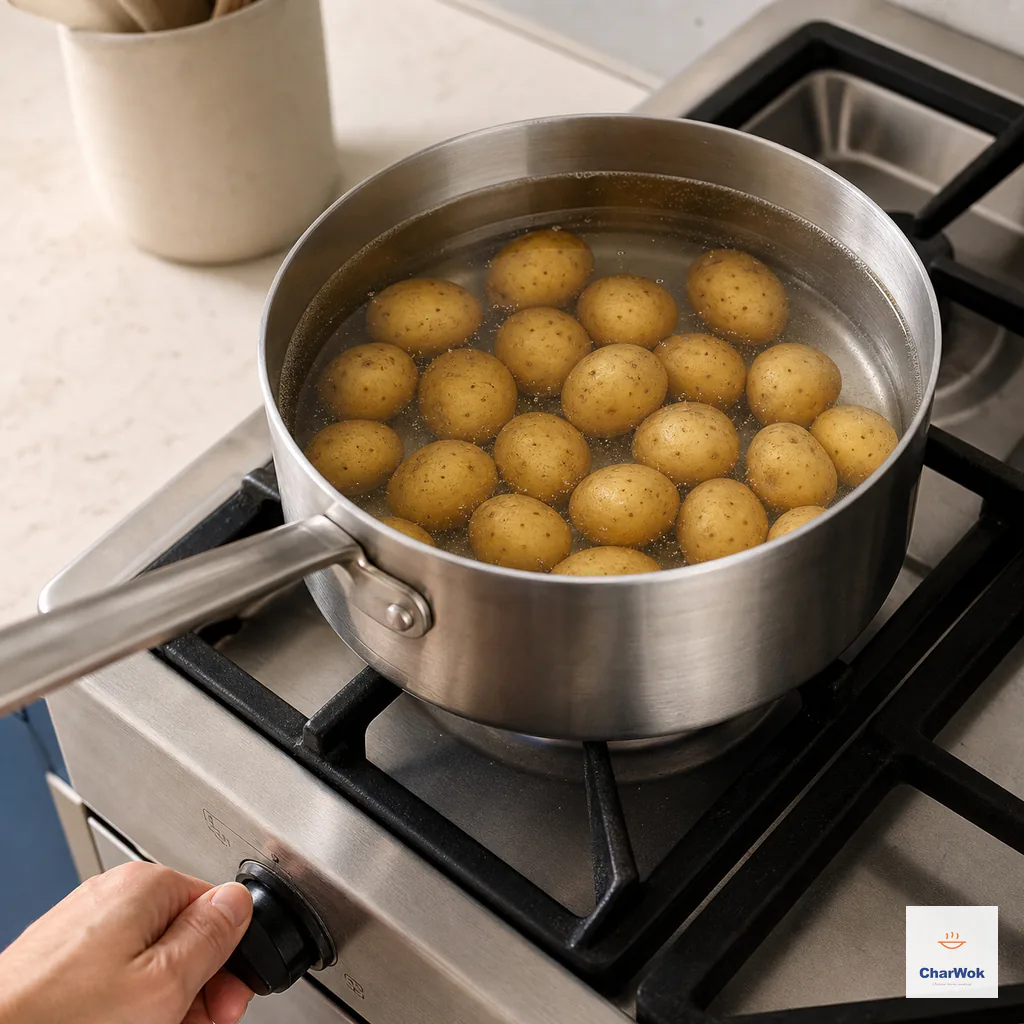 Intact baby potatoes covered with calm cold water in a saucepan as the burner is turned on