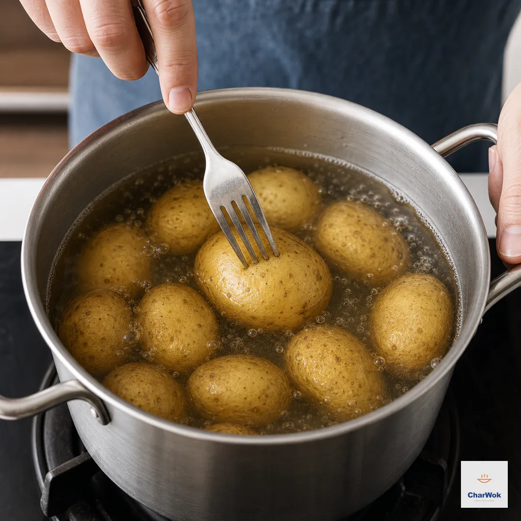 A fork testing the largest whole baby potato at a gentle simmer