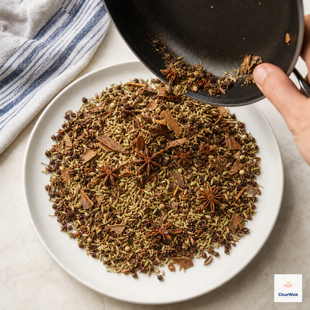 Dry-toasted whole spices spread in one thin layer on a large cool ceramic plate