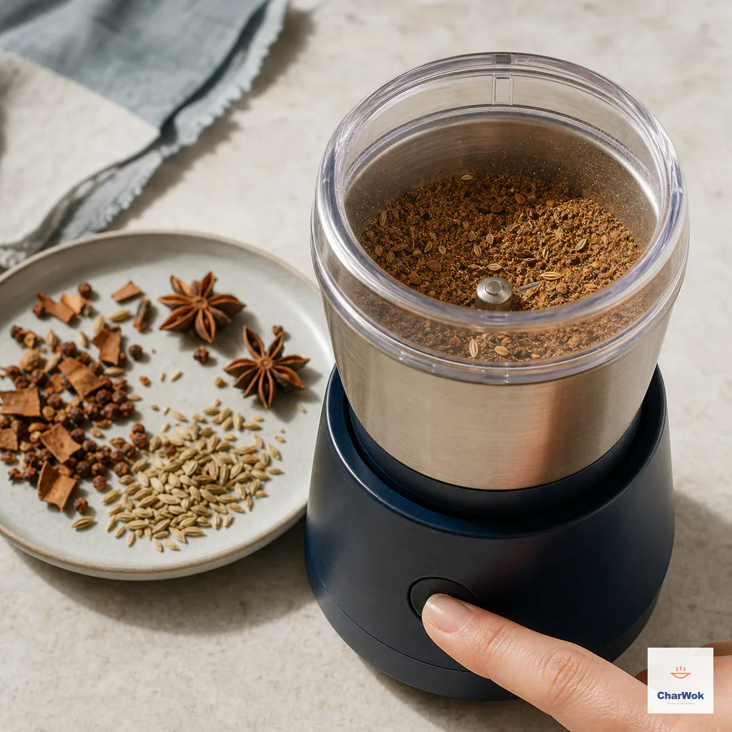 A dedicated spice grinder pulsing cooled toasted spices into fine warm-brown sand