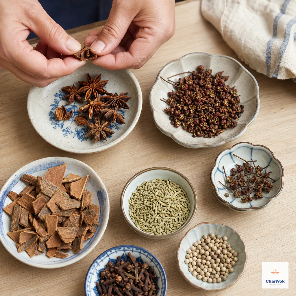 Hands separating star-anise fingers beside cleaned Sichuan pepper and broken cassia shards