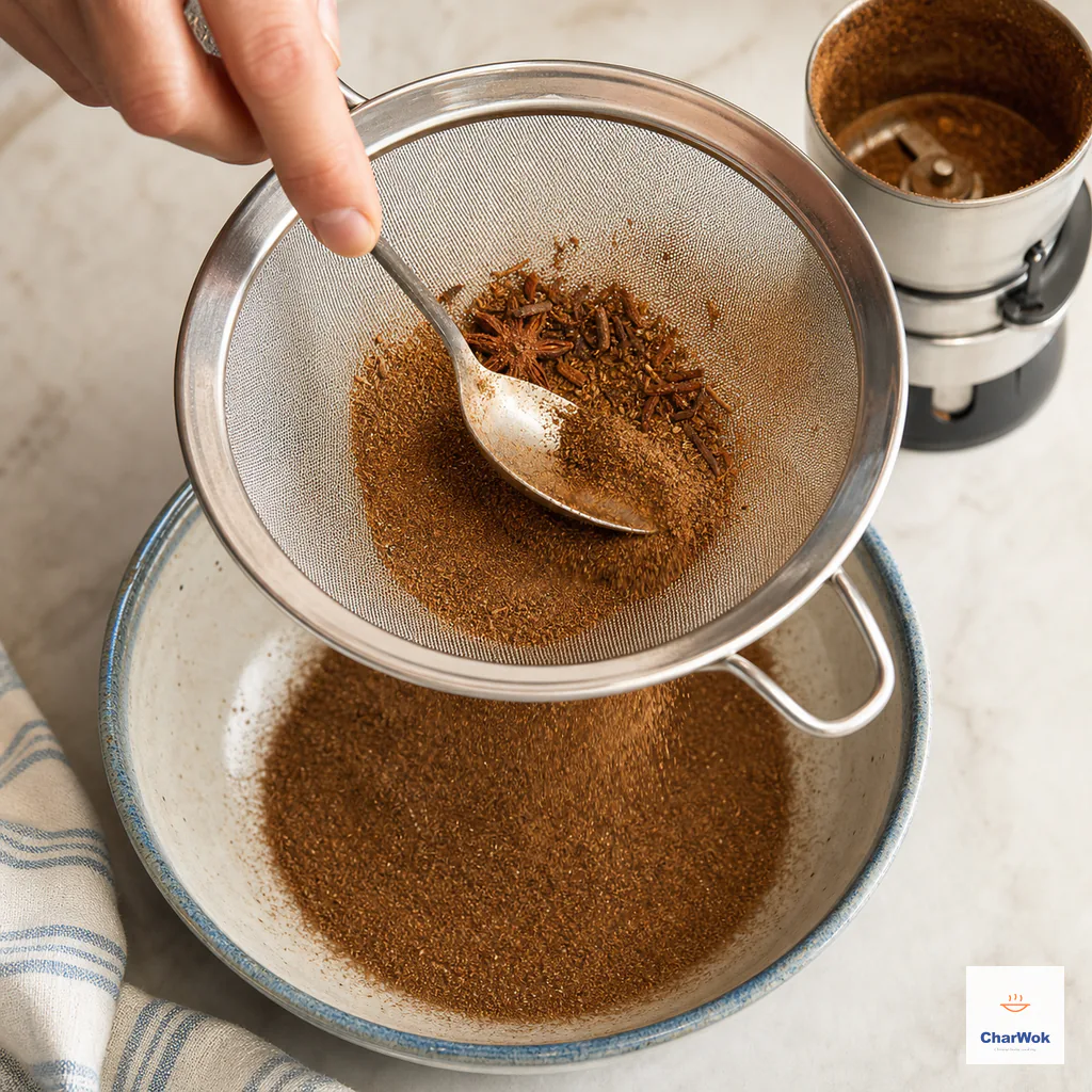 Fine five-spice powder falling through a mesh sieve while coarse cassia fibers remain above