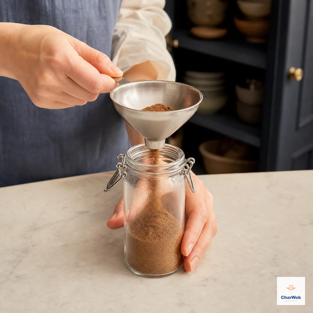 Fine homemade five-spice powder funneled into a dry airtight glass jar beside a dark cupboard