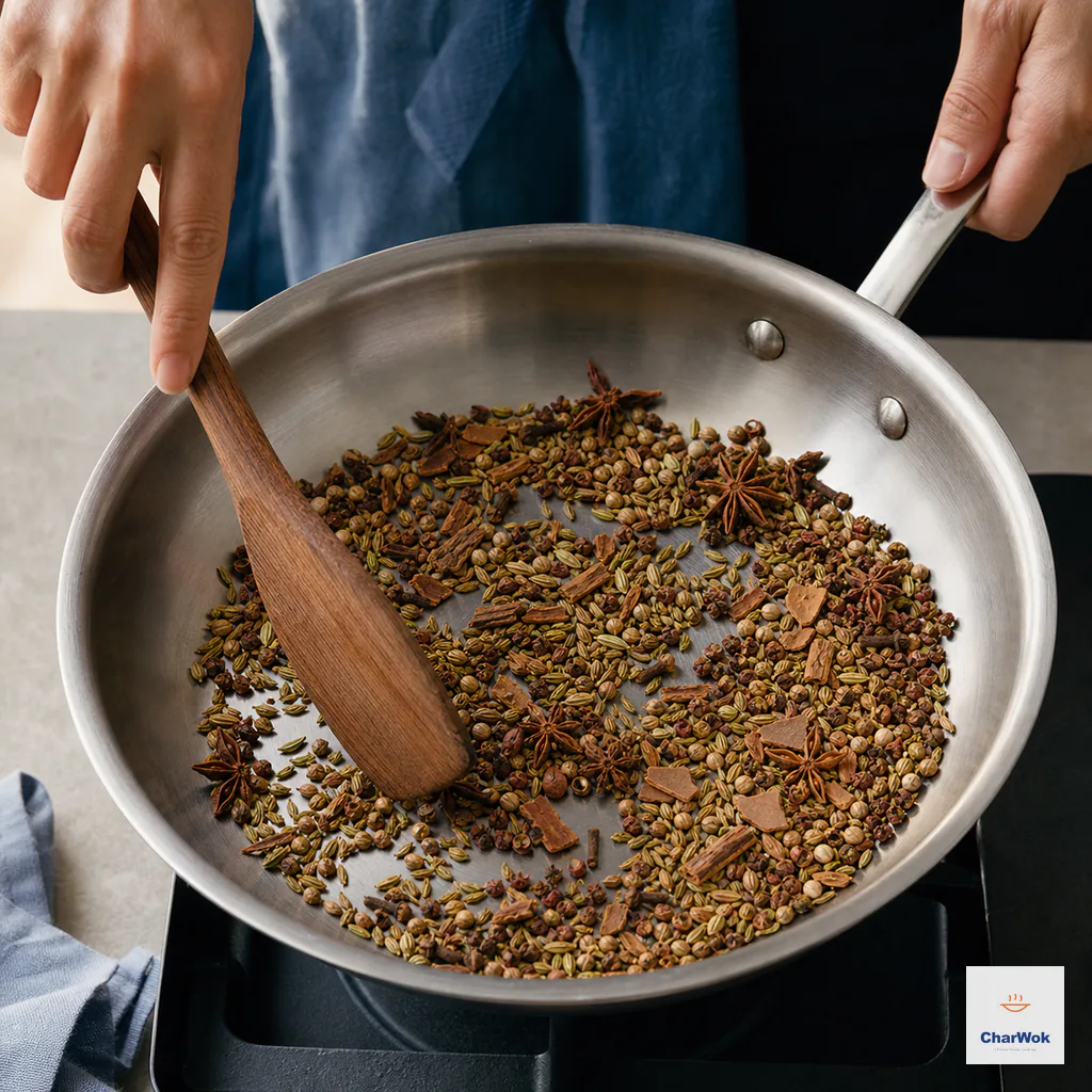 The six whole spices moving constantly in a dry stainless-steel skillet over medium-low heat